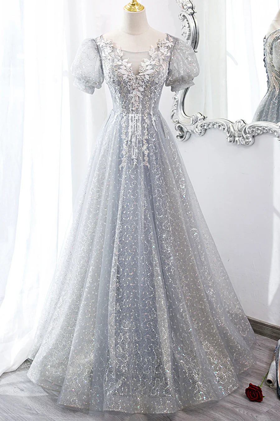 Gray Tulle Lace Long Party Dress, A-Line Evening Dress TP622