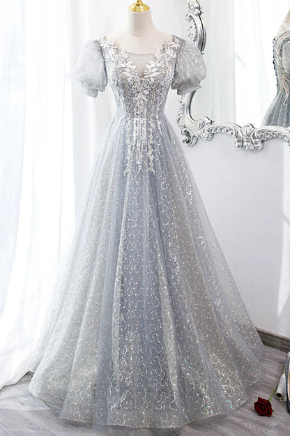 Gray Tulle Lace Long Party Dress, A-Line Evening Dress TP622