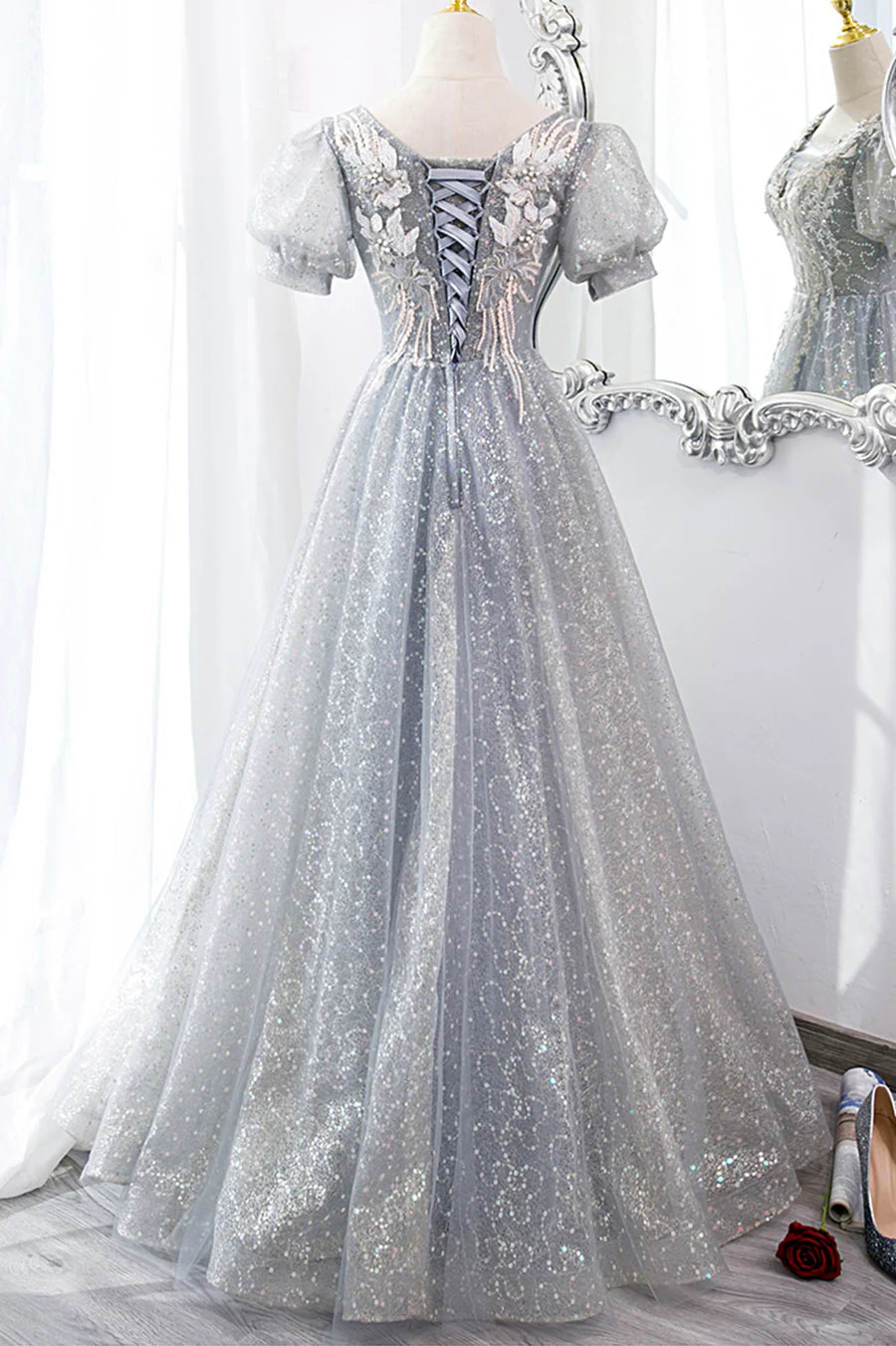 Gray Tulle Lace Long Party Dress, A-Line Evening Dress TP622