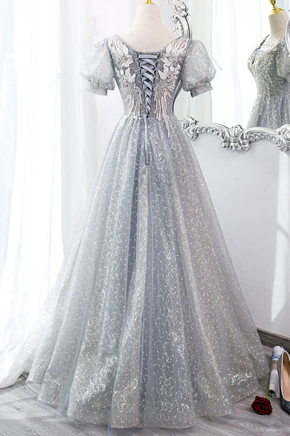 Gray Tulle Lace Long Party Dress, A-Line Evening Dress TP622
