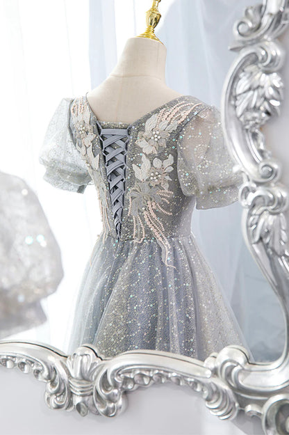 Gray Tulle Lace Long Party Dress, A-Line Evening Dress TP622