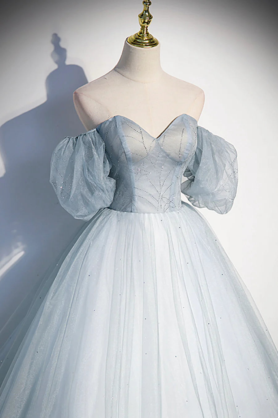 Blue Tulle Long A-Line Prom Dress, Blue Off the Shoulder Evening Dress TP624
