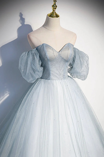 Blue Tulle Long A-Line Prom Dress, Blue Off the Shoulder Evening Dress TP624