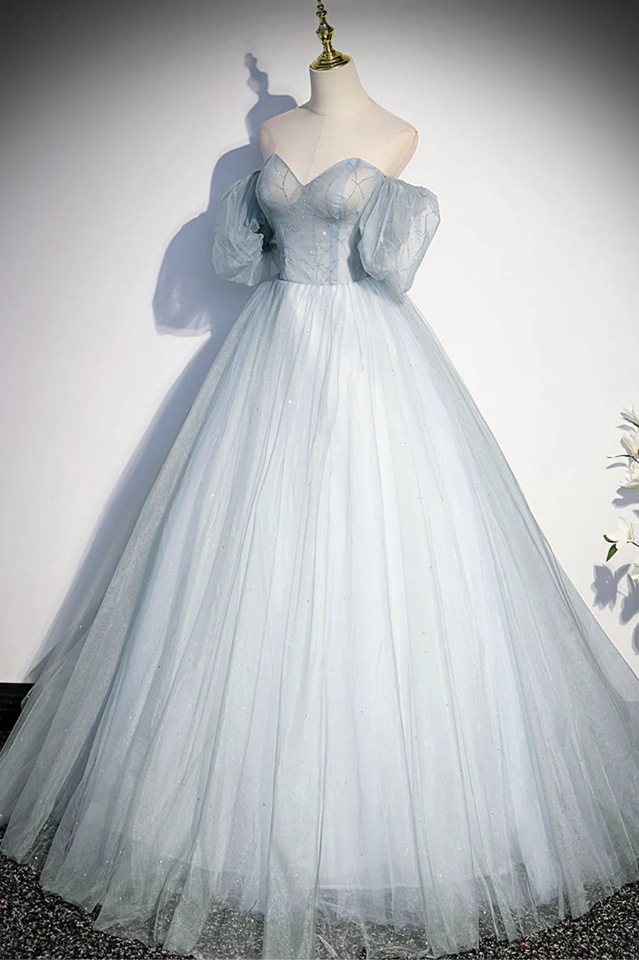 Blue Tulle Long A-Line Prom Dress, Blue Off the Shoulder Evening Dress TP624
