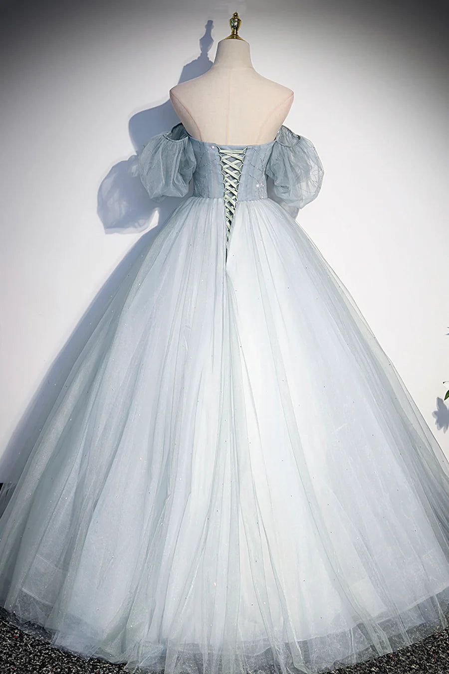 Blue Tulle Long A-Line Prom Dress, Blue Off the Shoulder Evening Dress TP624