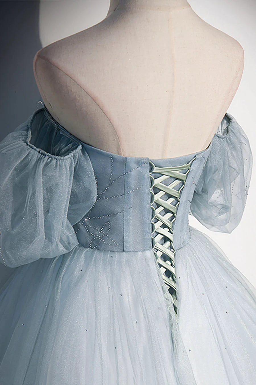 Blue Tulle Long A-Line Prom Dress, Blue Off the Shoulder Evening Dress TP624
