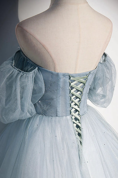 Blue Tulle Long A-Line Prom Dress, Blue Off the Shoulder Evening Dress TP624