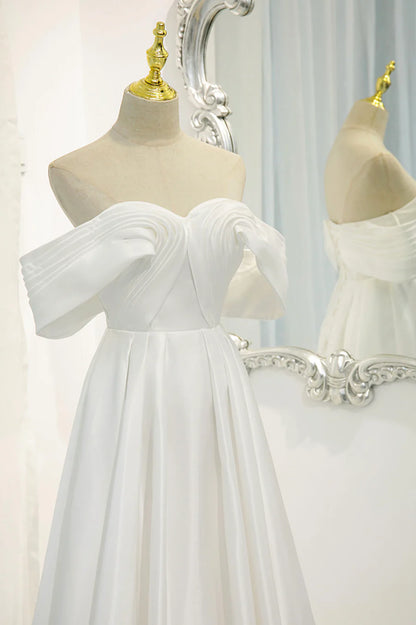White Satin Long Prom Dress, Off the Shoulder Evening Dress TP625
