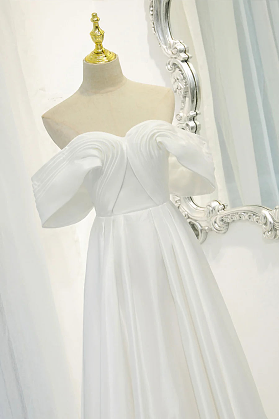 White Satin Long Prom Dress, Off the Shoulder Evening Dress TP625