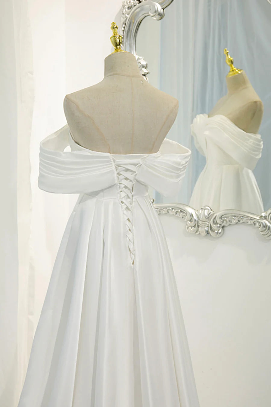 White Satin Long Prom Dress, Off the Shoulder Evening Dress TP625
