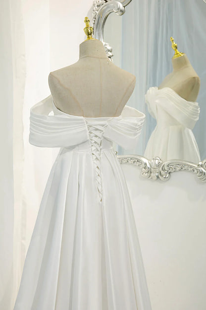 White Satin Long Prom Dress, Off the Shoulder Evening Dress TP625