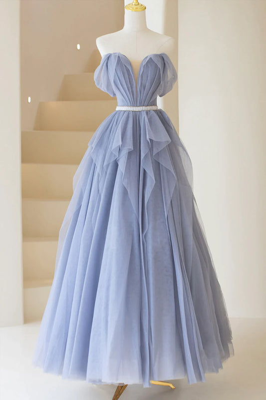 Blue Off Shoulder Tulle Long Formal Dress, A-Line Blue Evening Dress TP628