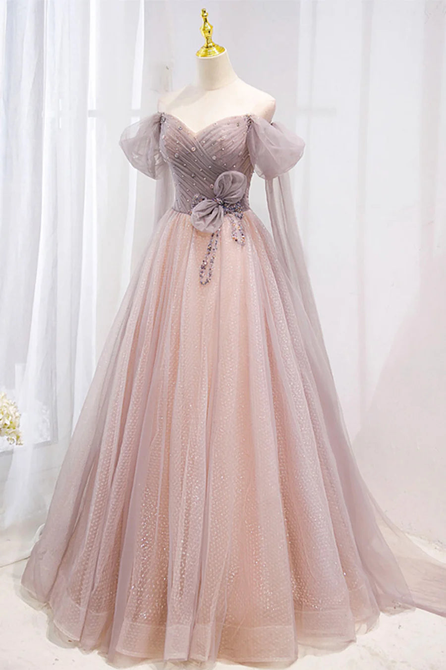 Pink Tulle Beaded Long Prom Dress, Off the Shoulder Evening Dress TP629