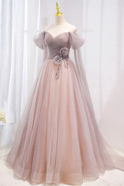 Pink Tulle Beaded Long Prom Dress, Off the Shoulder Evening Dress TP629
