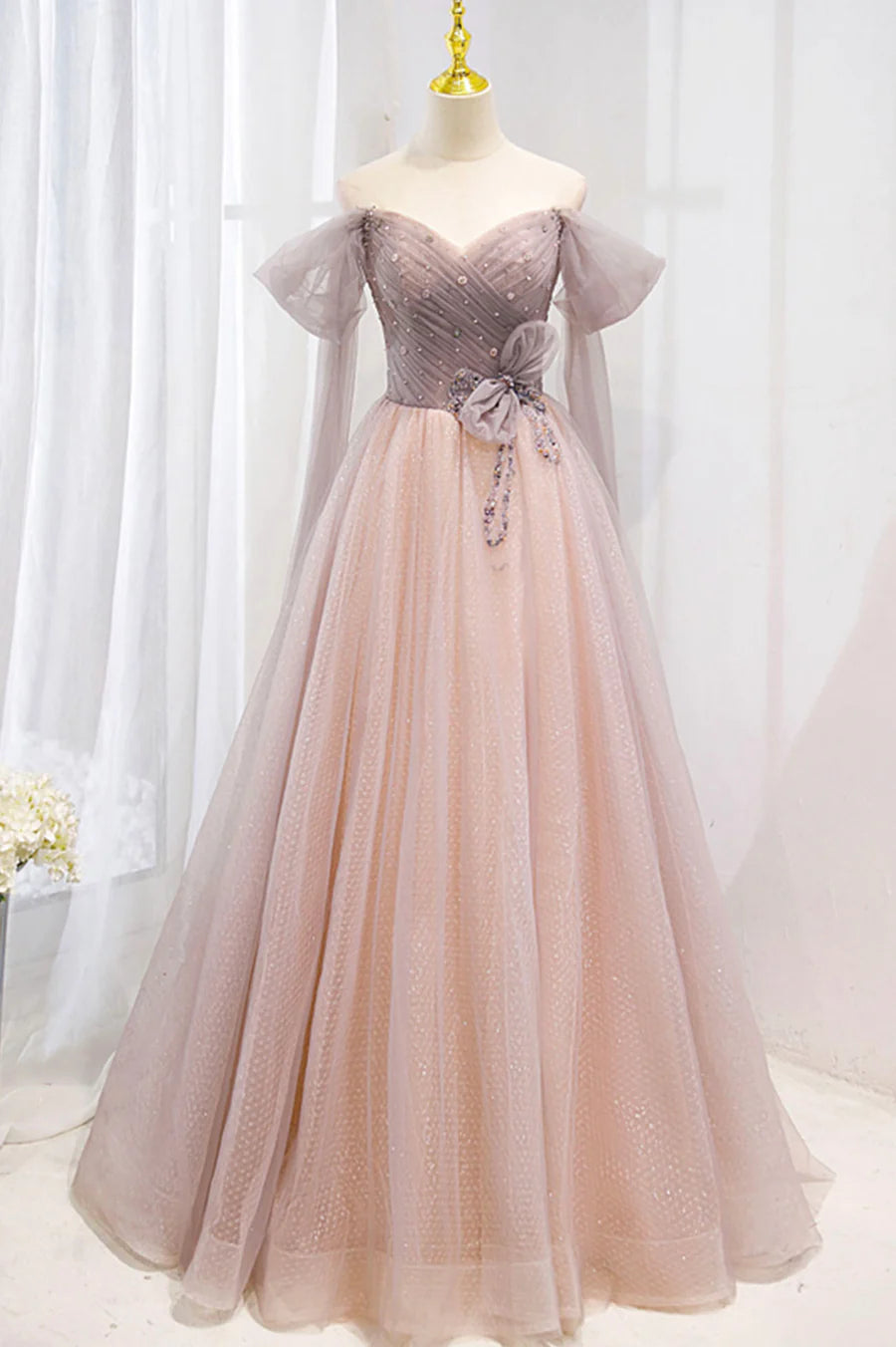 Pink Tulle Beaded Long Prom Dress, Off the Shoulder Evening Dress TP629