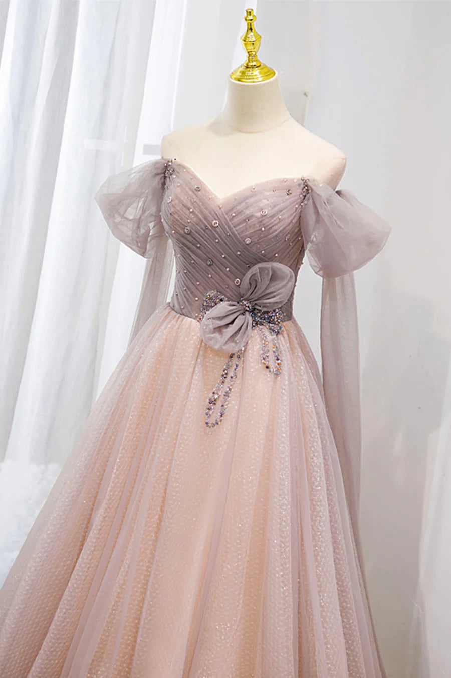 Pink Tulle Beaded Long Prom Dress, Off the Shoulder Evening Dress TP629