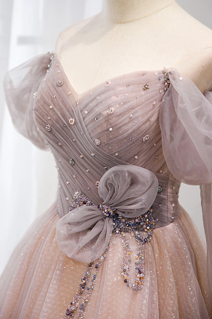 Pink Tulle Beaded Long Prom Dress, Off the Shoulder Evening Dress TP629