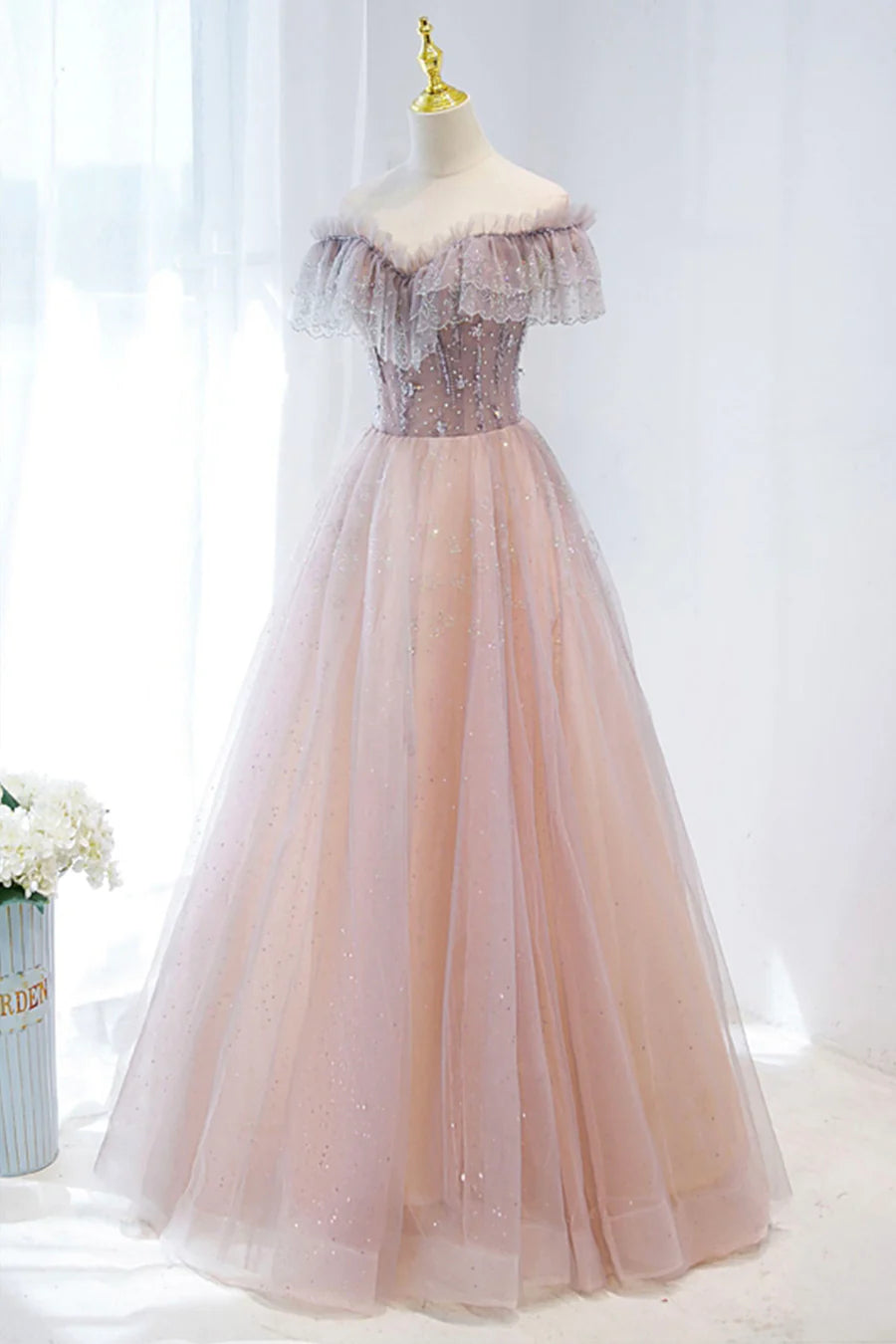 Pink Tulle Beaded Long Formal Dress, Pink V-Neck Prom Dress TP630