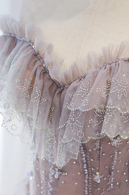 Pink Tulle Beaded Long Formal Dress, Pink V-Neck Prom Dress TP630