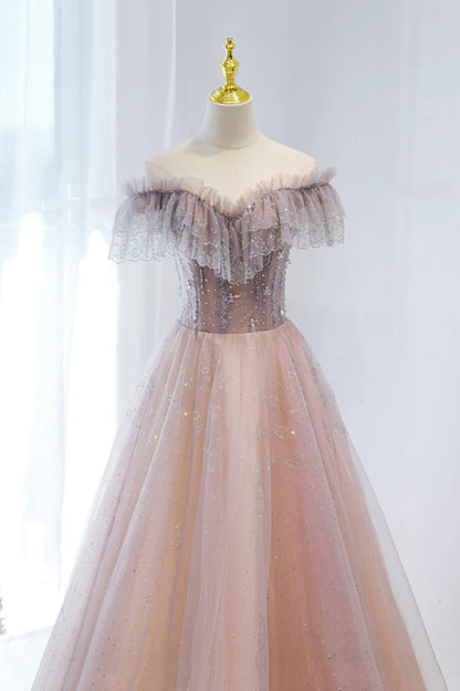 Pink Tulle Beaded Long Formal Dress, Pink V-Neck Prom Dress TP630