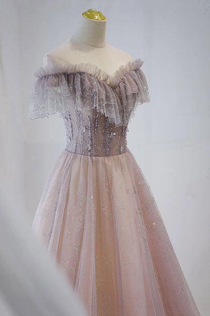 Pink Tulle Beaded Long Formal Dress, Pink V-Neck Prom Dress TP630
