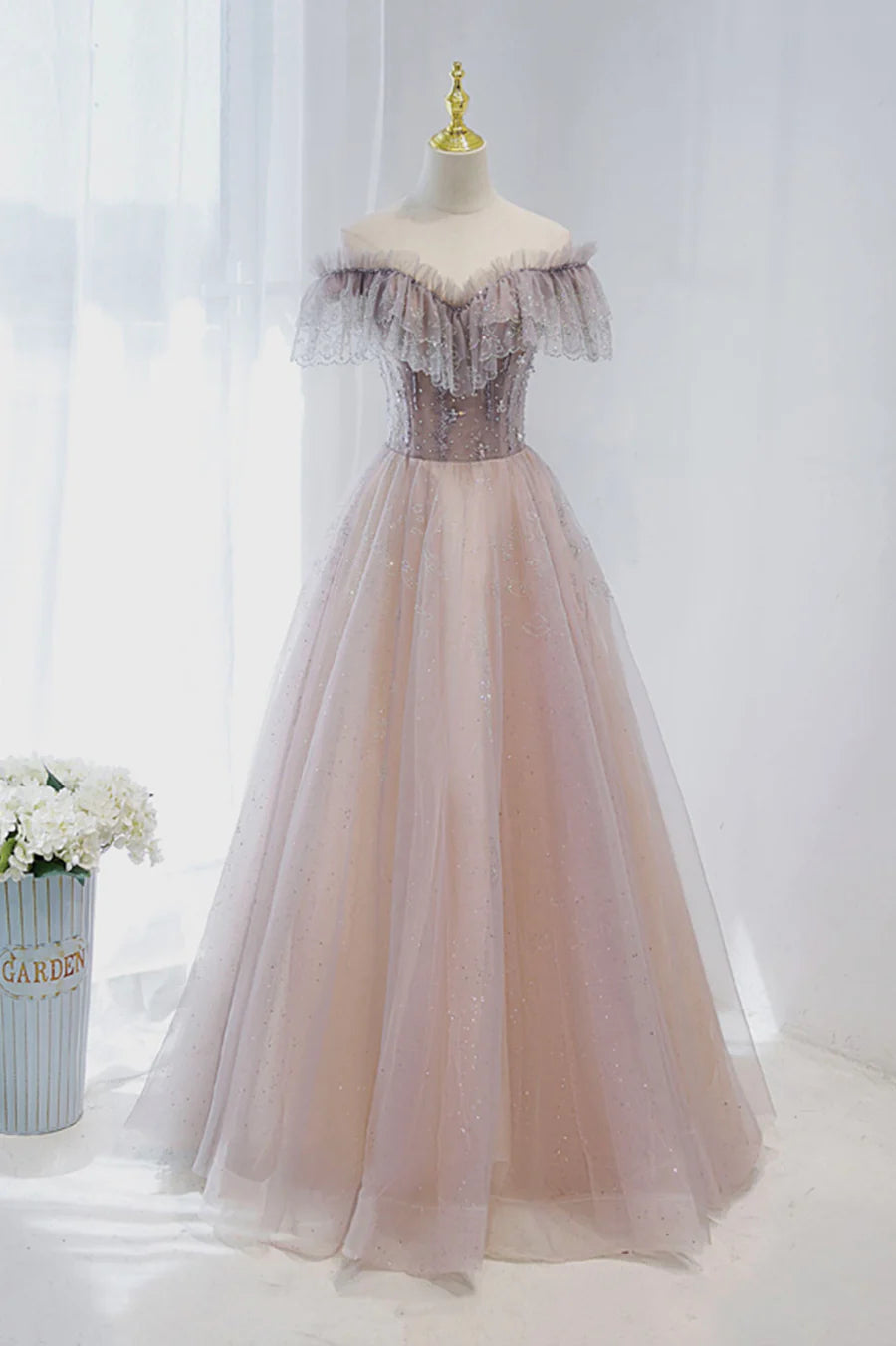 Pink Tulle Beaded Long Formal Dress, Pink V-Neck Prom Dress TP630