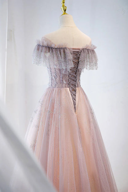 Pink Tulle Beaded Long Formal Dress, Pink V-Neck Prom Dress TP630