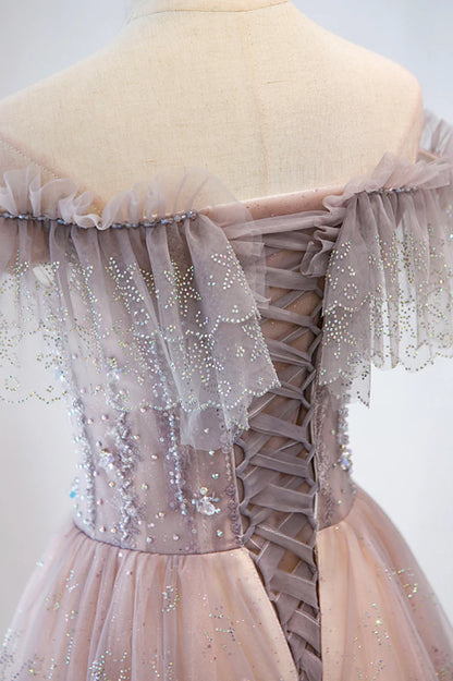 Pink Tulle Beaded Long Formal Dress, Pink V-Neck Prom Dress TP630