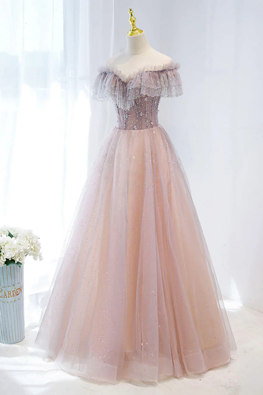 Pink Tulle Beaded Long Formal Dress, Pink V-Neck Prom Dress TP630