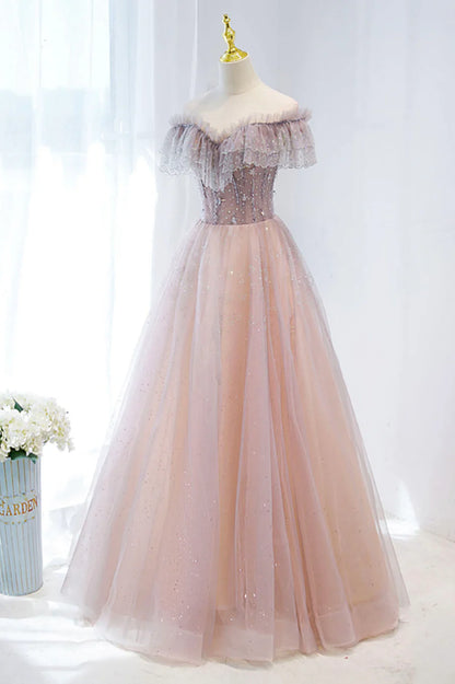 Pink Tulle Beaded Long Formal Dress, Pink V-Neck Prom Dress TP630