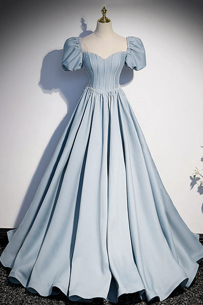 Blue Satin Pearl Long Prom Dress, Blue A-Line Short Sleeve Evening Dress TP632