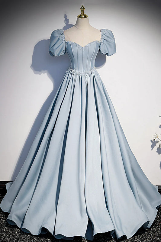 Blue Satin Pearl Long Prom Dress, Blue A-Line Short Sleeve Evening Dress TP632