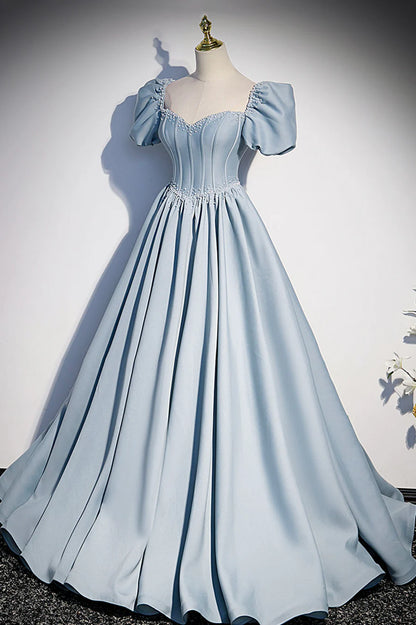 Blue Satin Pearl Long Prom Dress, Blue A-Line Short Sleeve Evening Dress TP632