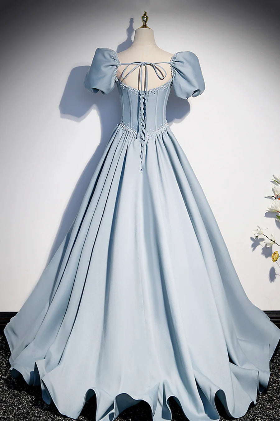 Blue Satin Pearl Long Prom Dress, Blue A-Line Short Sleeve Evening Dress TP632