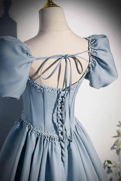 Blue Satin Pearl Long Prom Dress, Blue A-Line Short Sleeve Evening Dress TP632