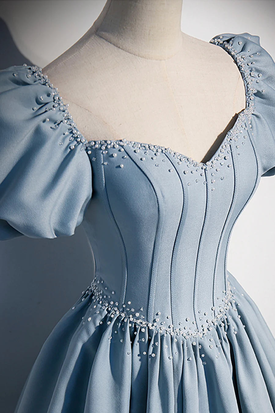 Blue Satin Pearl Long Prom Dress, Blue A-Line Short Sleeve Evening Dress TP632