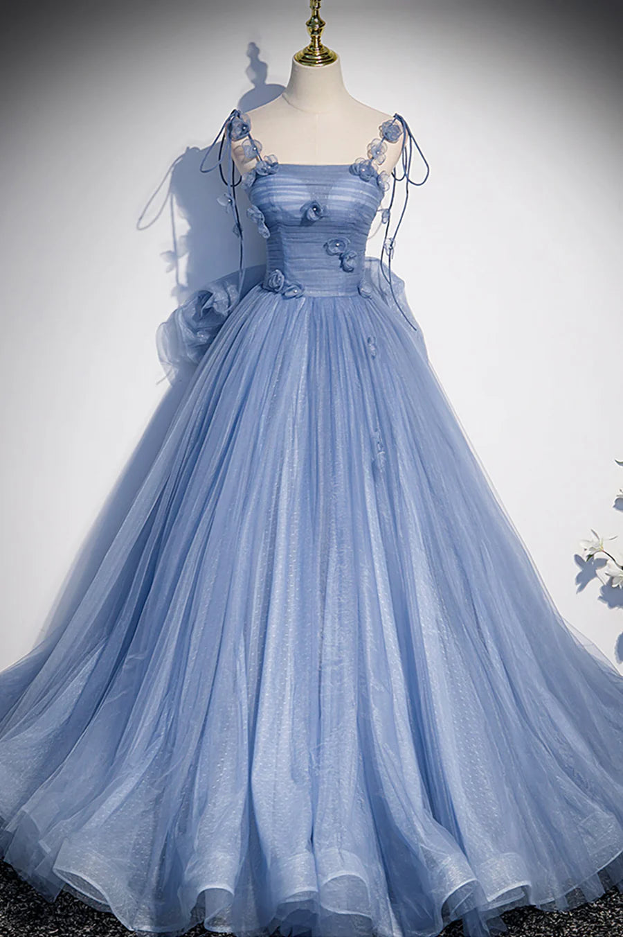Blue Spaghetti Strap Tulle Long Dress, Blue Evening Dress with Bow TP633