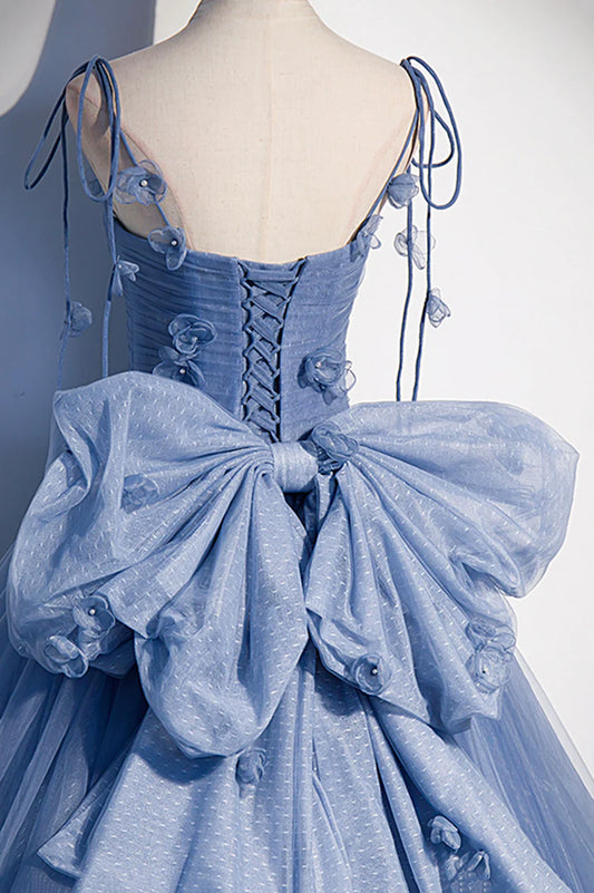 Blue Spaghetti Strap Tulle Long Dress, Blue Evening Dress with Bow TP633