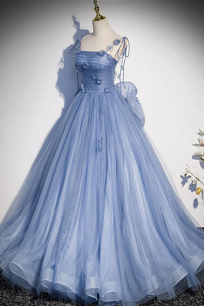 Blue Spaghetti Strap Tulle Long Dress, Blue Evening Dress with Bow TP633