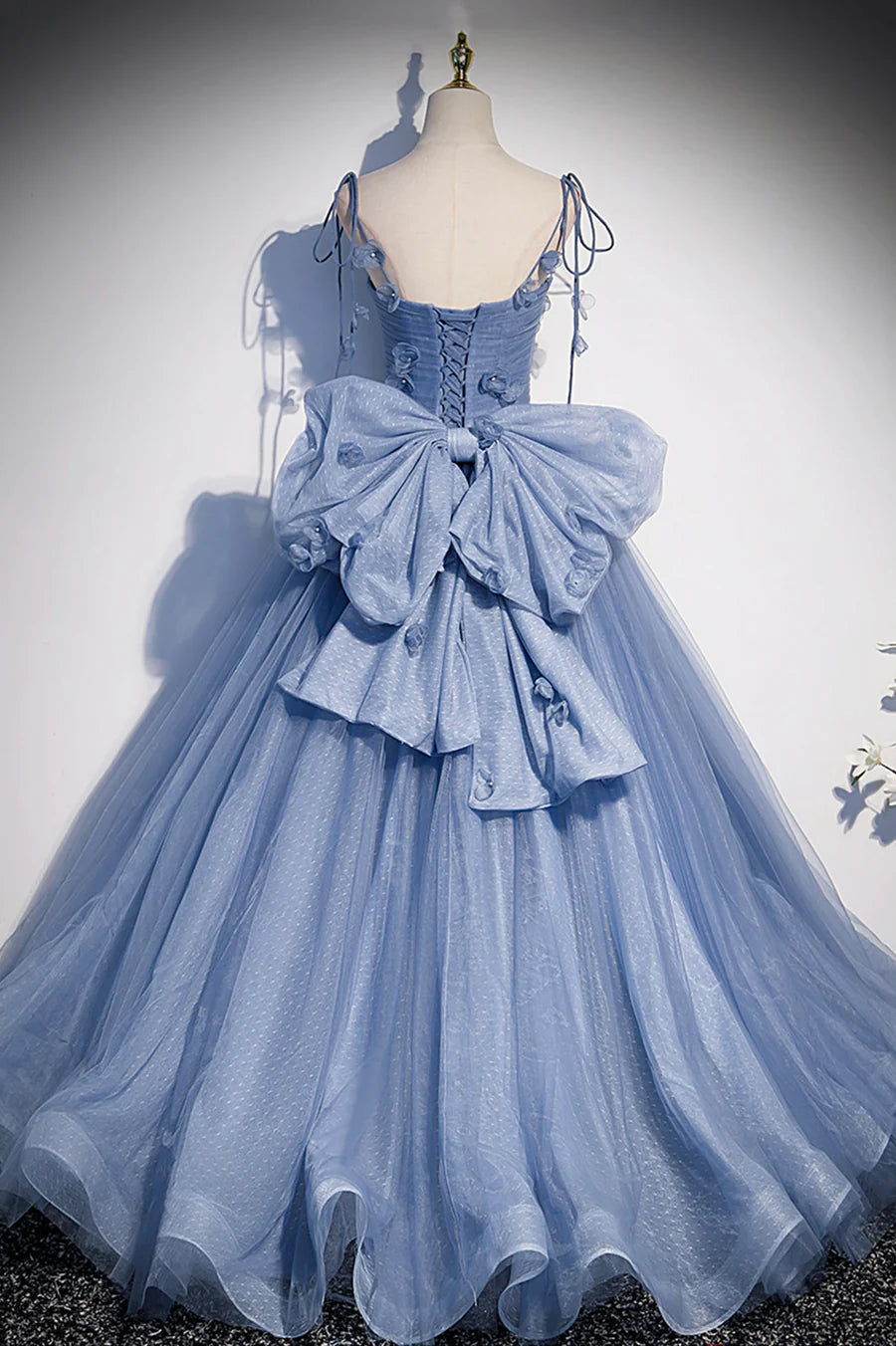 Blue Spaghetti Strap Tulle Long Dress, Blue Evening Dress with Bow TP633