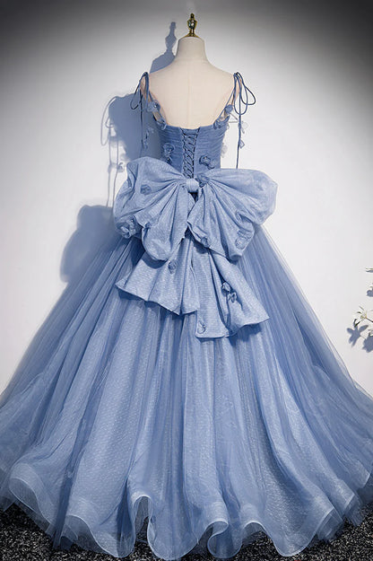 Blue Spaghetti Strap Tulle Long Dress, Blue Evening Dress with Bow TP633