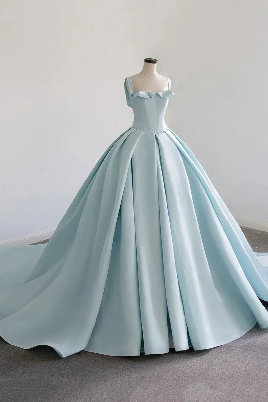 Blue Satin Long A-Line Ball Gown, Blue Evening Gown with Train TP635