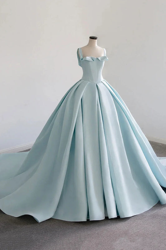 Blue Satin Long A-Line Ball Gown, Blue Evening Gown with Train TP635