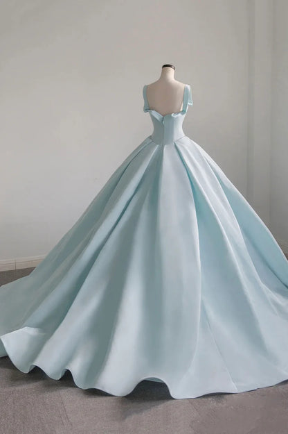 Blue Satin Long A-Line Ball Gown, Blue Evening Gown with Train TP635