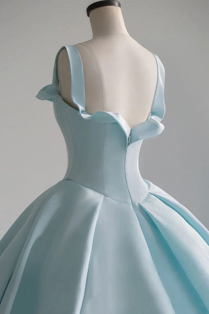 Blue Satin Long A-Line Ball Gown, Blue Evening Gown with Train TP635