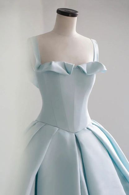 Blue Satin Long A-Line Ball Gown, Blue Evening Gown with Train TP635