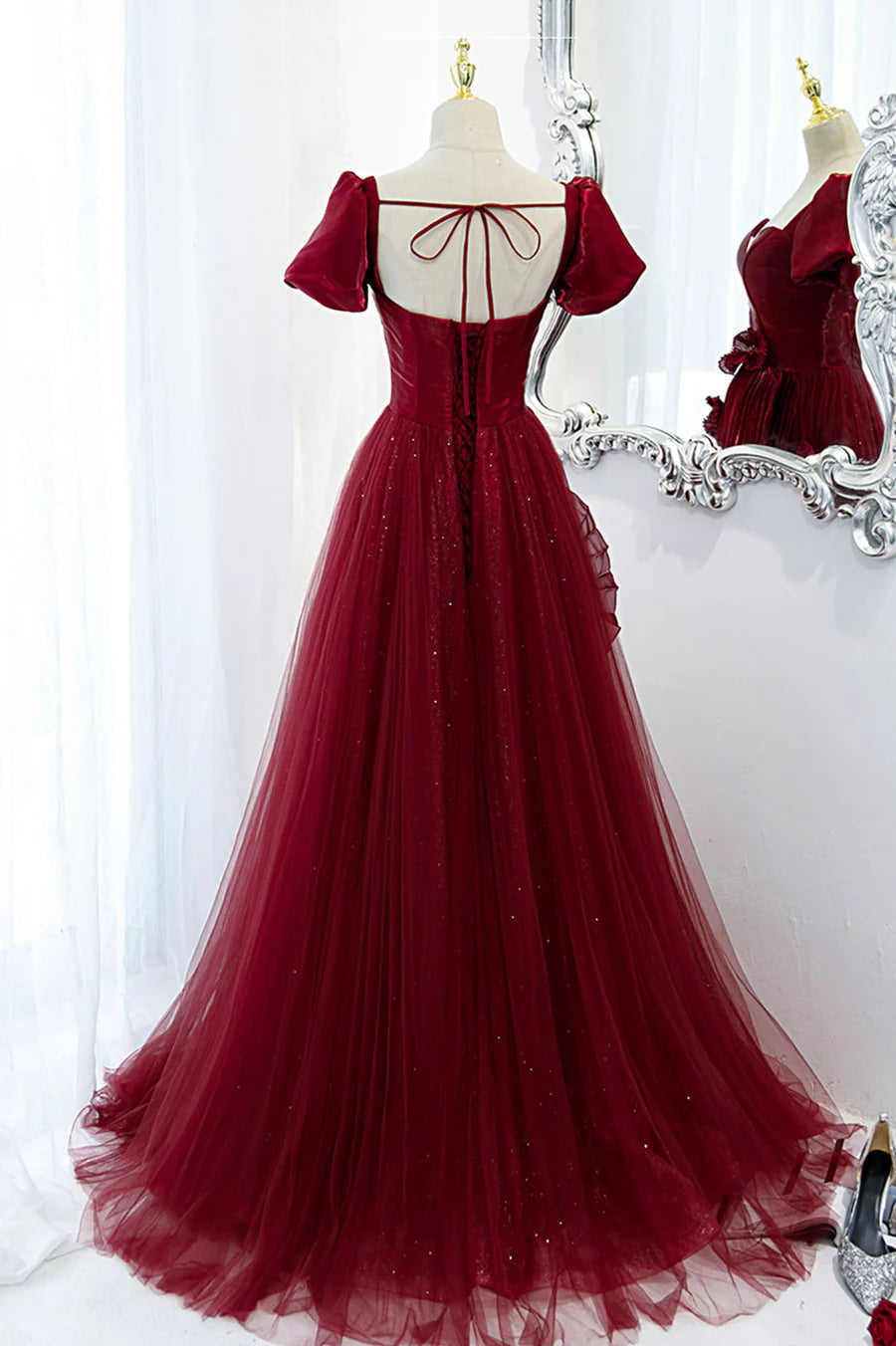 A-Line Satin Tulle Long Prom Dresses, Burgundy Evening Dresses TP637