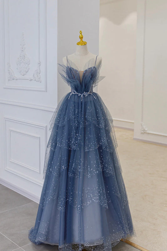 Blue Tulle Layers Straps Beaded Long Prom Dresses, A-Line Evening Dresses TP638