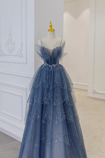Blue Tulle Layers Straps Beaded Long Prom Dresses, A-Line Evening Dresses TP638