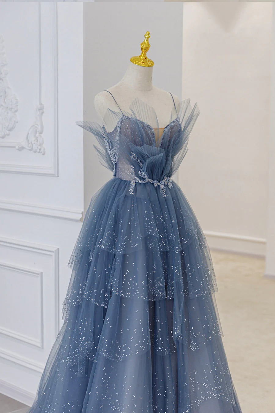 Blue Tulle Layers Straps Beaded Long Prom Dresses, A-Line Evening Dresses TP638
